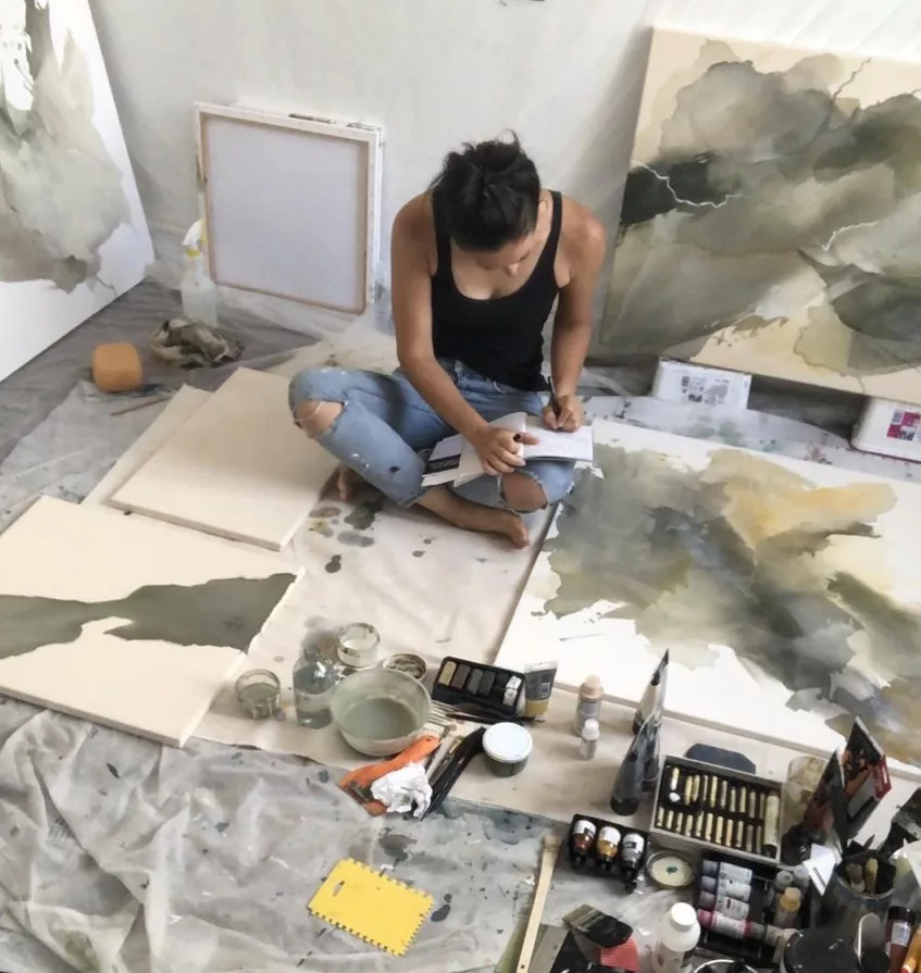 Artist Vered Brett in her studio in Portugal